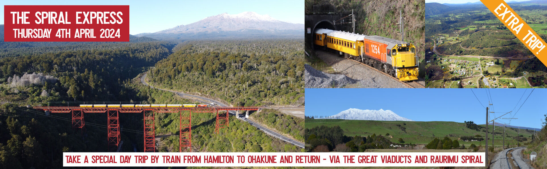 Back by popular demand! - Take a day trip by train down the Main Trunk Line from Hamilton, Te Awamutu, Otorohanga or Te Kuiti to Ohakune and return - via the Great Viaducts and Raurimu Spiral!